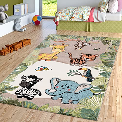 TT Home Kinderzimmer Teppich Dschungel Zoo Tiere Zebra Tiger Löwe AFFE Beige Creme, Größe:160x230 cm