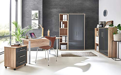 moebel-dich-auf Büromöbel Set Komplett TABOR 4 mit Schreibtisch, Rollcontainer, Aktenschränken & Regal – Büro Komplettlösung Korpus Eiche Sonoma Front anthrazit Hochglanz