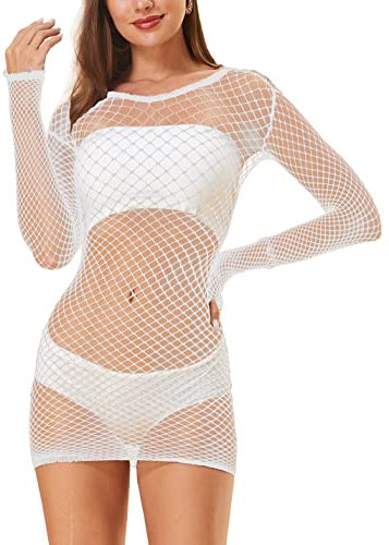 LemonGirl Women's Fishnet Lingerie Mesh Chemise Long Sleeve Babydoll Bodysuit White