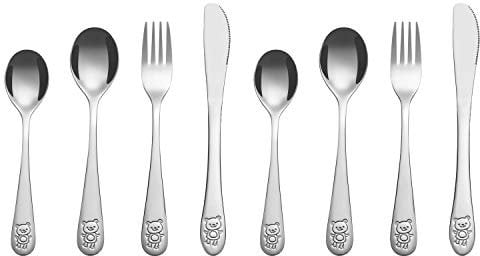 Vinsani 8pcs Kids Stainless Steel Childrens Little Bear Cutlery Set - 2 x Dinner Knives, 2 x Forks, 2 x Spoons, 2 x Dessert Spoons - Child and Toddler Safe Silverware Flatware for Home Primary School