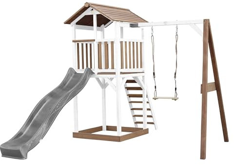 AXI Beach Tower Spielturm aus Holz in Braun & Weiß | Spielhaus für Kinder mit Grauer Rutsche, Schaukel und Sandkasten | Stelzenhaus für den Garten