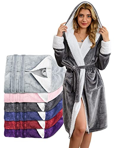UMIPUBO Accappatoio in Pile da Donna con Cappuccio, Cintura, 2 Tasche, Soffice Flanella Vestaglia Lunga Altamente Assorbente, Pigiama in Spugna per Casa Spa Hotel(Grigio)