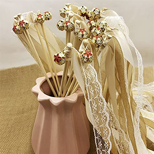 YZDKJ 50pcs ruban blanc bâtonnets de wondon de mariage avec des cloches dorées décoration de fête Swirling Streamers home dentelle fée décor scintillant