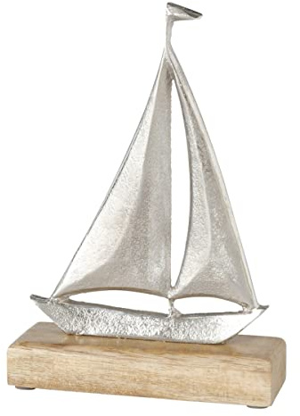 RiloStore Segelboot Eisen auf Mangoholz Sockel 22x15cm Maritime Dekoration Metallboot Aufsteller Dekoobjekt Holz Anker Schiff Boot Ostsee Nordsee