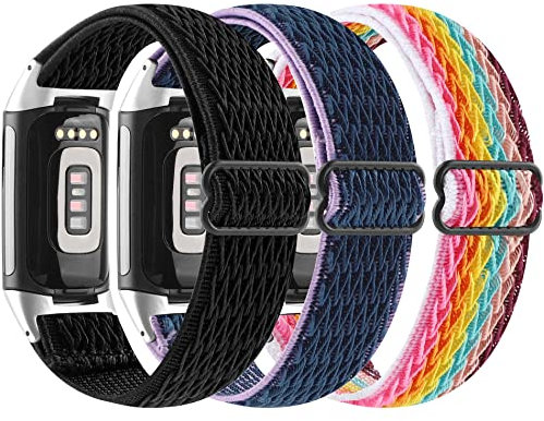 【3 Stück】 Elastisches Uhrenarmband, kompatibel mit Fitbit Charge 5, Stretch, atmungsaktives Armband, Ersatz für Damen und Herren für Fitbit Charge (Regenbogen-Lavender-Schwarz)