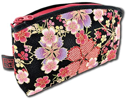 Small Makeup Bag for Purse [ Made in Japan] Traditional Edo Komon Design Cute Cosmetic Pouch (Cherry Blossom (Black/Pink))