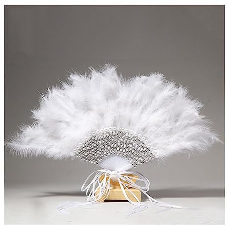 Yurosiay White Feather Fan Hand Fan Feather with Beads Ribbon Fan Feathers Elegant Bridal Hand Fan Wedding Dance Fan with Feathers Large Feather Fan for Wedding Gatsby Party