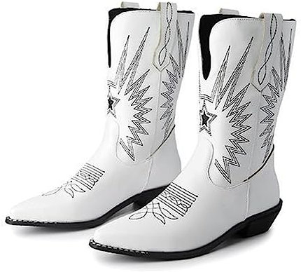 CRETUAO Stivaletti da Cowgirl Occidentali Donna, Stivali Country Casual in Pelle con Punta Tagliata Ricamata retrò, Stivaletti Classici Comodi con Tacco Basso e cuciti,Bianca,35 EU