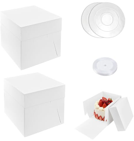 Kleemeiero 2 PZS Cajas para Tartas 30,5cm Caja Carton con Tapa y Base Redonda para Tartas + 22M Cinta Caja Blanca para Transportar Tartas caja para Tartas Altas, Pasteles, Panadería, Regalo, Navidad