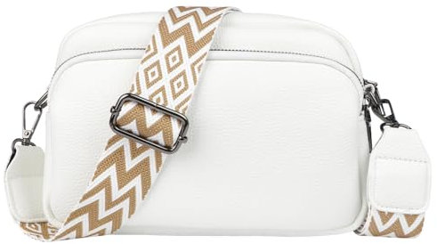 Leder Crossbody Bag Damen Tasche Damen Breiter Gurt Handtasche Damen Klein Umhängetasche Damen Reißverschluss und Abnehmbar Schultergurt Handytasche Zum Umhängen Frauen Taschen Weiß Bags for Women