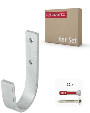 Gedotec Supporto a parete - Ganci universali in acciaio zincato | 6 pezzi curvi 30 x 90 mm | Con materiale di fissaggio | Ganci multiuso in metallo