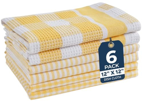 Lane Linen Toallas de cocina 100% algodón, paquete de 6 paños de cocina de secado rápido, suaves y absorbentes, color amarillo, 12 x 12 pulgadas