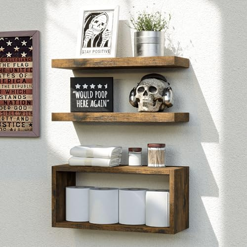 RICHER HOUSE 3er-Set Wandregal Holz, Braunes Schweberegal Wand Montierte | 2+1er-Set Badezimmerregale,Regale für Wanddekoration mit unsichtbaren Halterungen über der Toilette, Wohnzimmer, Küche