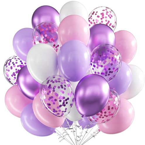 Luftballons Lila Rosa Weiß, 60 Stück 12 Zoll Lila Rosa Weiß Latex Luftballons Metallic Lila Luftballons mit Konfetti Party Ballons, Party Luftballon für Geburtstag Hochzeit Babyparty Dekoration