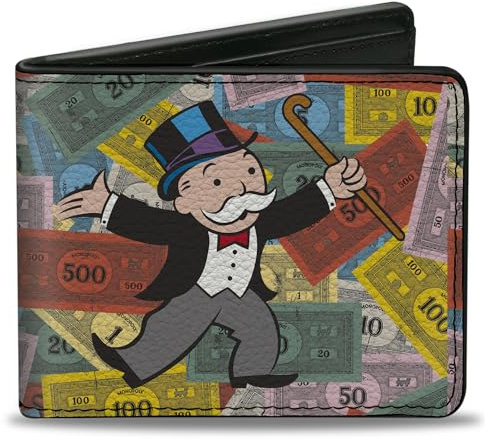 Buckle-Down Hasbro Wallet, Bifold, Mr Monopoly Rich Uncle Pennybags Stacked Money Pose, Vegan Leather, Multicolor, 4.0 x 3.5, Casual