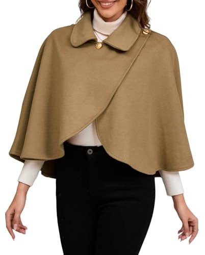 LIUYUYOUGO Cape Damen Kurzer Cape Mantel Für Damen Winter Capelet Aus Wollmischung Vintage Reverskragen Knopfschals Umhang Warmer Poncho Elegante Fließende Woll Peacoat Jacke Oberbekleidung Für P