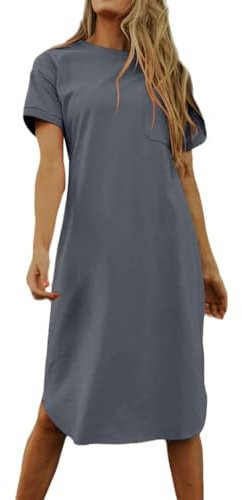 Imily Bela Dame Tshirt Kleid Sommer Shirtkleid Baumwolle Kurzarm Rundhals Minikleider Freizeitkleid mit Taschen.Grau.XXL