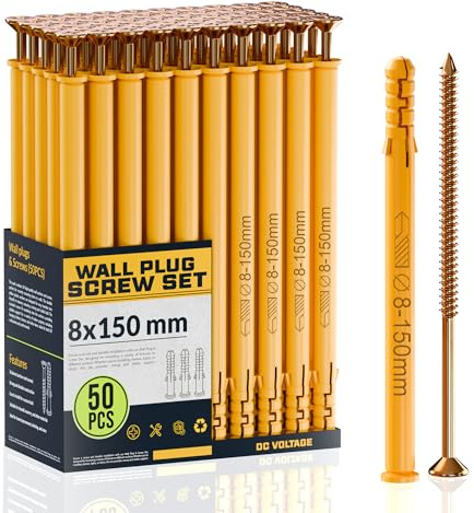 50 Pcs Wall Plugs and Screws Set 8mm x 150mm Concrete Fixings | Screws and Wall Expansion Anchors Plugs Kit Wall Hanging Mounting TV Mount Drywall Self Tapping Screw Wall Plug
