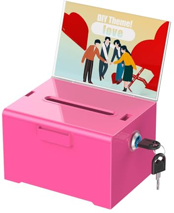 Uniclife pinke Acryl-Spendenbox mit Schloss & Schlitz, 16 x 12,7 x 10 cm | Wahlurne mit Schilderhalter; Vorschlagsbox, Trinkgeldglas, Geldaufbewahrung für Fundraising, Tombola, Wohltätigkeit