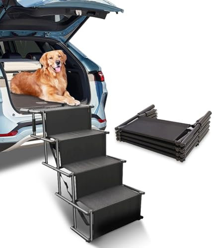 Escalera para Perros,Rampa para Perros Coche,Escalera Perros 4 Peldaños Plegables,hasta 80kg Cargable,para Gatos Perros,Cachorros Perro Viejo,para Todos los vehículos (Negro, 101 * 75 * 47cm)