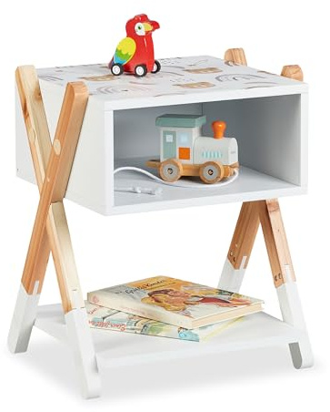 Relaxdays Nachttisch Kinder, offenes Fach, Teddy-Design, HBT 42x34x30 cm, Kinderkommode X-Design, Holz & MDF, Mehrfarbig