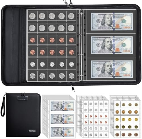 Hontom Álbum de colección de monedas para coleccionistas con cerradura, 400 bolsillos ignífugos para monedas y 36 fundas de papel, organizador de almacenamiento de monedas para centavos, billetes