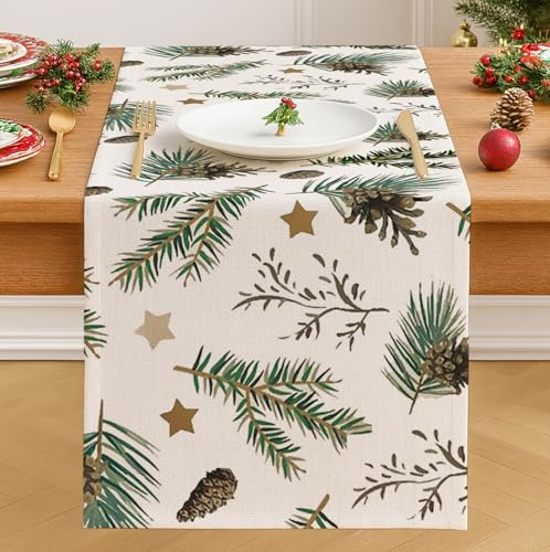 Vorysum Grün Weihnachten Tischläufer Chrismas Winter Kiefernnadeln Tannenzapfen Tischdeko Weihnachtstischläufer Weihnachtsdeko Modern Saisonnal Küche Tisch Dekoration Drinnen Outdoor 40x140 cm