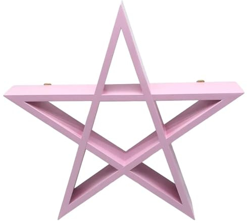 Pentagram Star Wall Shelf Wooden Floating Display Shelf Holder Gothic Wall Mounted Pagan Wiccan Organiser for Kids Room Bedroom Living Room Home Office Décor (Pink)
