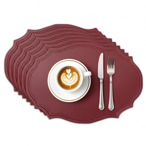 Privalace 6er Set Oval Lederoptik Platzsets Doppelseitigen Rot 43x29.5cm | Kunstleder Tischsets Abwaschbar Rutschfest Hitzebeständig Wasserdicht Platzdeckchen für Küche Speisetisch Zuhause Hotel