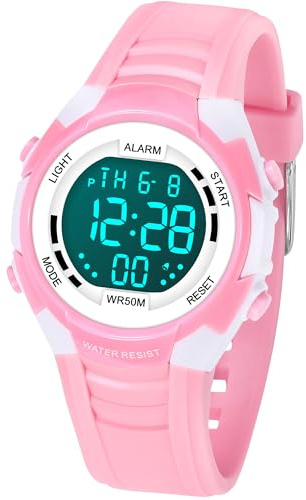DTKID Digitale Montre Enfant garçon Fille, 7 Couleurs de LED, Montre pour Enfants avec Alarme, Chronomètre, Date, 5ATM Waterproof Outdoor Sports Watch for Teenagers