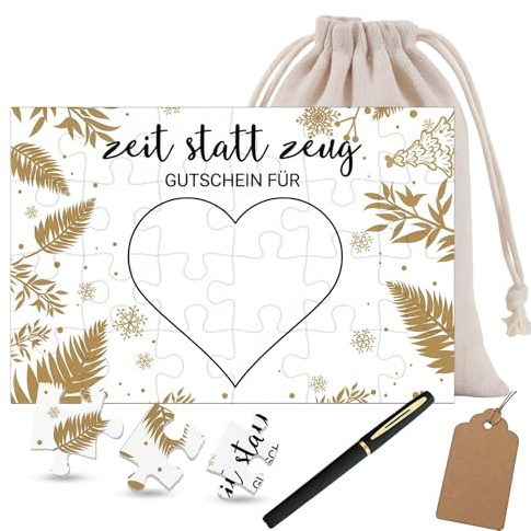 Generisch Zeit statt Zeug Puzzle Gutschein Karte – Persönlicher Gutschein zum Selber Ausfüllen mit Beutel Stift Anhänger – Einzigartiges Gutschein Weihnachten Geschenk zum Zeit Schenken