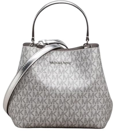 Michael Kors Damen Umhängetasche Pratt Small Bucket Messenger – Silber, PVC & Leder, silberfarbene Details, verstellbarer Schulterriemen, edles Design