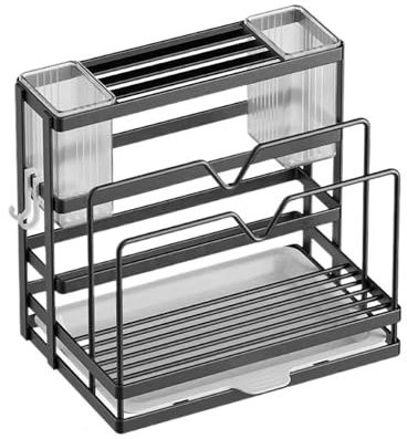 Integriertes Lagerregal for Schneidebretter, Messer, Lappen, Essstäbchen und Topfdeckel – Küchenarbeitsplatten-Organizer mit Abfluss(White)