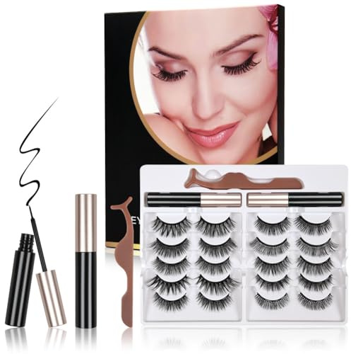 LOPHE Magnetische Wimpern, 10 Paare Falsche Magnet Wimpern Extensions mit Eyeliner und Wimpernclip, 3D Magnet Eyelashes Set Lange Flauschige Lashes für Makeup Cosplay, B