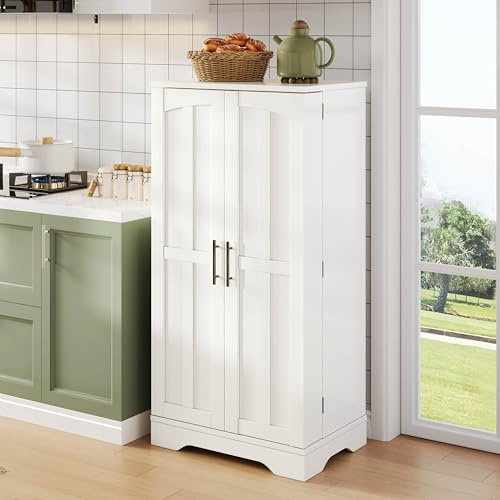 ECLIVON Küchenschrank Hoch 120,5 mit LED-Sensorleuchte, Hochschränk Vorratsschrank mit 2 Türen und Verstellbaren Regal für Wohnzimmer, Küchenbuffet Buffetschrank für Küche Esszimmer (Weiß)
