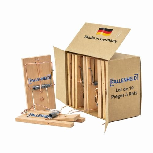 FALLENHELD 10er Pack mit klassischen Rattenfallen aus Holz, Schlagfalle, Schnappfalle, wiederverwendbar, Starke Schlagkraft, innen anwendbar
