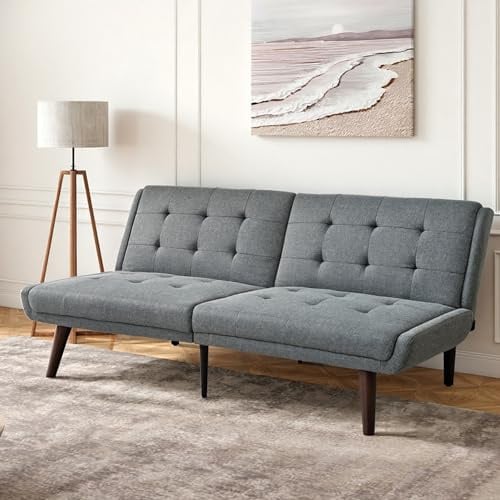 HaoChrymec Klappbares Futon-Sofa Bett aus Leinen, 146 cm Schlafcouch mit 5-Fach Verstellbarer Rückenlehne, modernes Loveseat für kleine Räume, Gästebett für Wohnzimmer, Grau