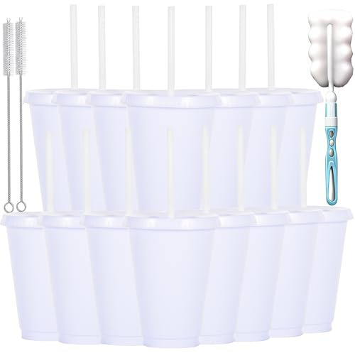 Yisituo Lot de 15 gobelets pour enfants, avec couvercles et paille, en plastique, 486 ml, pour les fêtes, le camping, les voyages, blanc