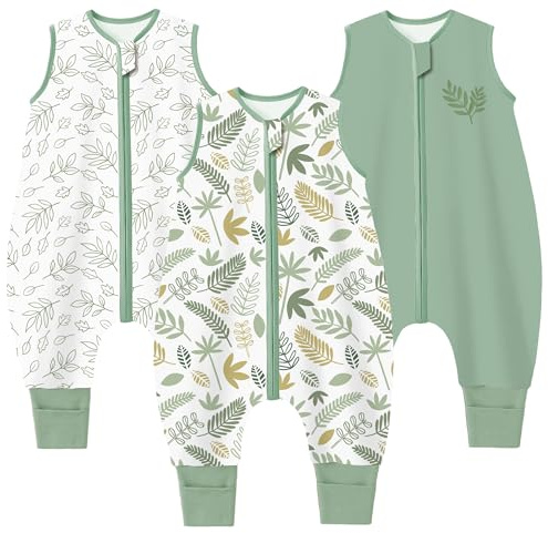 Chilsuessy 3er Pack Baby Schlafsack Sommer mit Füßen 0.5 Tog 100% Baumwolle Kinder Sommerschlafsack mit Beinen für Jungen Mädchen, 0.5 Tog/Grün Pflanzen, 70cm/Baby Höhe 80-90cm