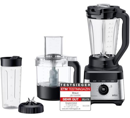 Braun PowerBlend 7 – Hochleistungs-Standmixer mit 30.000 U/min für cremige Smoothies, Shakes & Saucen, TriAction-Mixkrug, iTextureControl, Smoothie2Go 600 ml To-Go Becher, 1400W, Schwarz (JB7568BK)