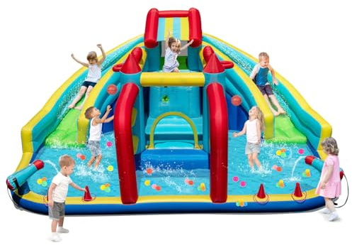 GYMAX Inflatable Water Castle, 8-in-1 Water Park with Slides, Climbing Wall, Obstacle Course & Basketball Hoop, 473 x 370 x 221cm Children Bouncy House for 3-12 Years Old (without Blower)