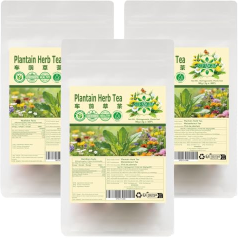 Lot de 3 paquets de tisane au plantain, 90 g par paquet (30 sachets de 3 g), tisane florale à base de plantes naturelles selon une formule traditionnelle chinoise, sans caféine