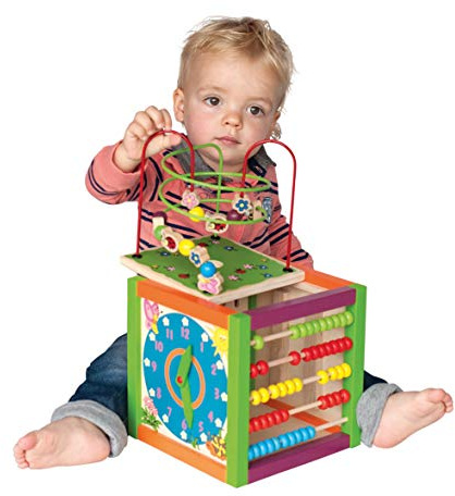 Hape International Woody Holz Multifunktionswürfel mit Lernuhr, Spiralboard, Motorikschleife, Zählrahmen, Xylophon