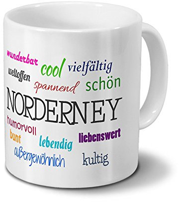 digital print Städtetasse Norderney - Motiv Positive Eigenschaften - Stadt-Tasse, Kaffeebecher, Mug, Becher, Kaffeetasse - Farbe Weiß