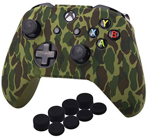 YoRHa Water Transfer Printing Camouflage Silicone Cover Skin Case for Microsoft Xbox One X & Xbox One S controllerx 1(forest) With PRO thumb grips x 8