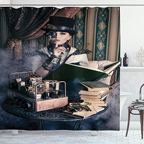ABAKUHAUS gotisch Duschvorhang, Steampunk Frauen-Weinlese, Stoffliches Gewebe Badezimmerdekorationsset mit Haken, 175 x 200 cm, Teal