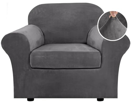 H.VERSAILTEX Rich Velvet Stretch 2 Piece Cover Chair Slipcover Sofa Cover Furniture Protector Couch Soft with Elastic Bottom Chair Couch Cover with Arms Width Up to 49 Inch(Chair,Grey)