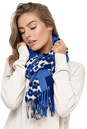 Glamexx24 XXL scarf dam scarf pläd varm plysch leopardmönster trefärgad fransar, poncho Oversize, Blå, vit, svart, One size