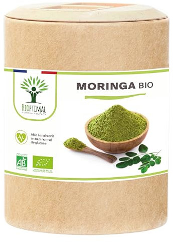 Moringa Bio - Bioptimal - Complément alimentaire - Poudre de Moringa Oleifera Pur - Antioxydant Immunité Anti-Fatigue Vitamine A C E - Dose 300 mg - Fabriqué en France - Certifié Ecocert - 200 gélules
