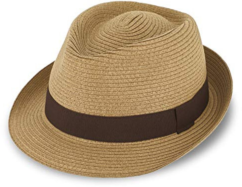 fiebig Jackson Trilby Papierhut mit farbigem Ripsband | Sonnenhut aus 100% Papier | Natur Sommerhut (57-M, Camel)